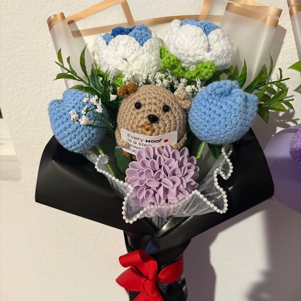 Crochet dog flower bouquet